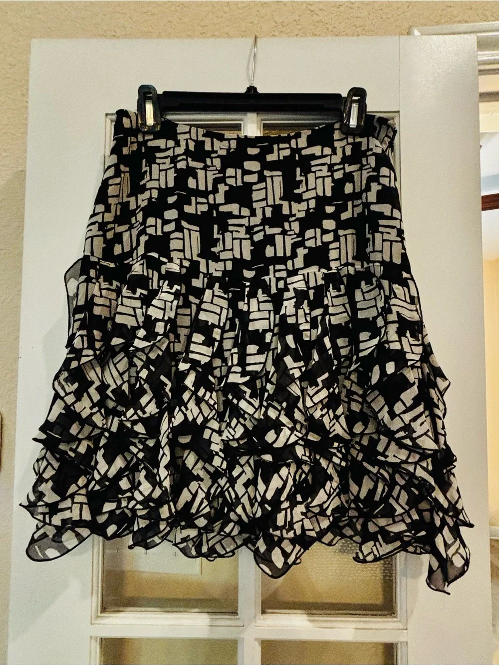 Alfani Black and Gray Geometric Ruffle Midi Skirt